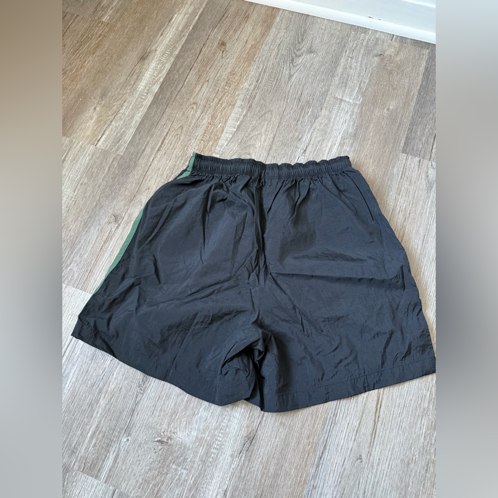 VTG 90s Adidas Black Elastic Waist Nylon Track Short Black Green Stripe Soccer M - Picture 6 of 7